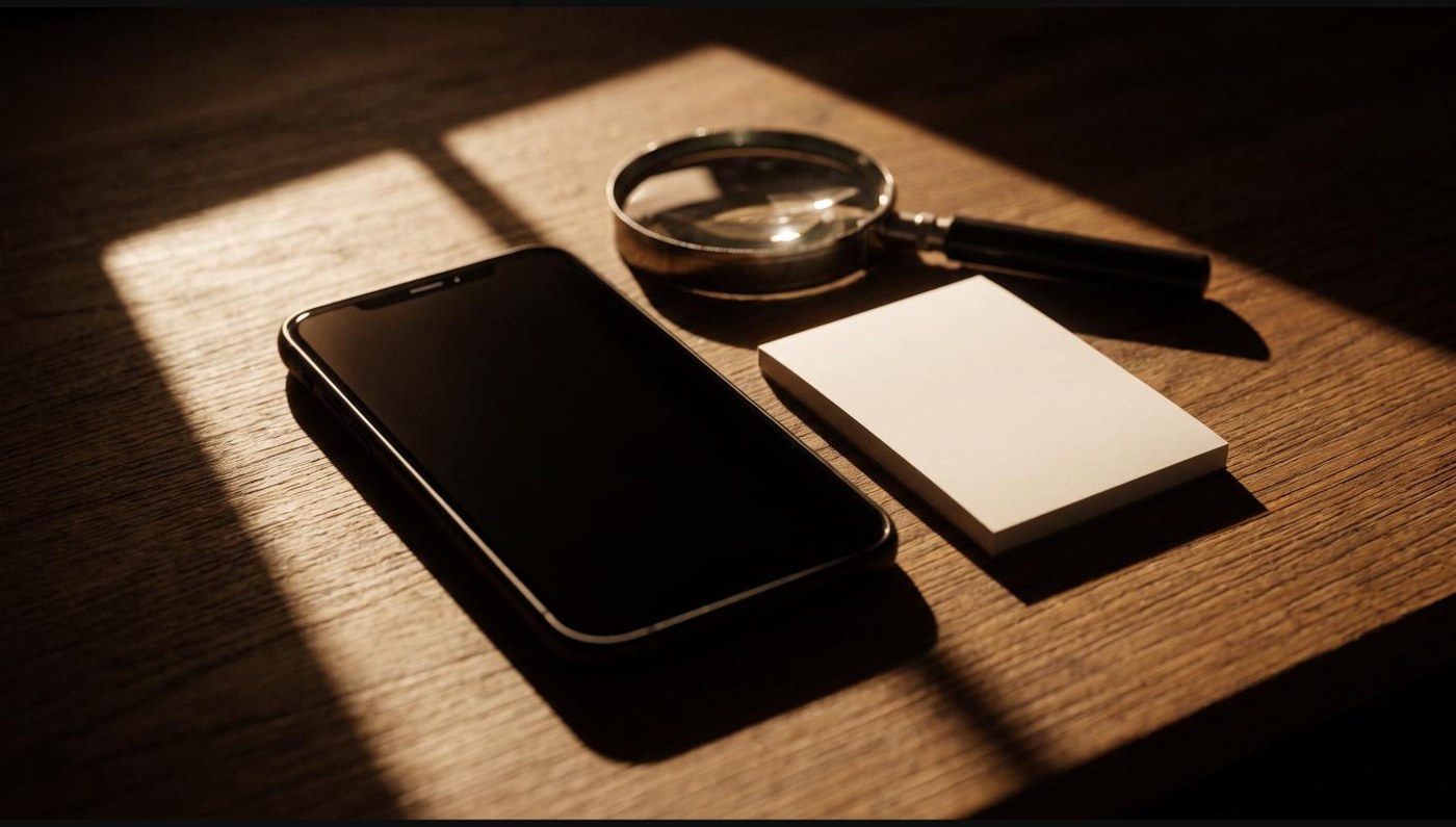 Telefon položený displejem dolů vedle lupy na stole jako symbol opatrnosti před neověřenou investiční nabídkou.